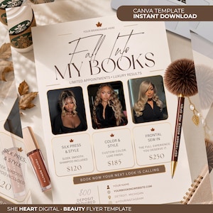 Op de afbeelding: Een digitaal flyer-sjabloon voor haarstyling met de tekst Fall Into MY BOOKS, drie foto's van personen met gestyled haar, prijzen en contactvelden. Het ontwerp bevat een bruine pen met een pompon als versiering.