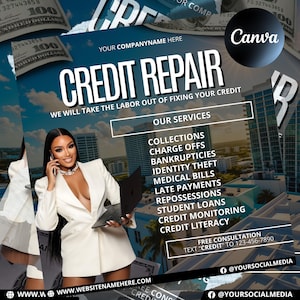May include: A promotional graphic for credit repair services. The design features a woman in a white blazer holding a laptop and phone. Text includes "Credit Repair" and a list of services like "Collections" and "Bankruptcies."
