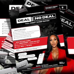 May include: A promotional graphic with the text "DEAL OR NO DEAL" and "FULL CREDIT SWEEP EDITION." The image includes a woman in a red blazer, a smartphone displaying a credit score, and text about credit repair services.
