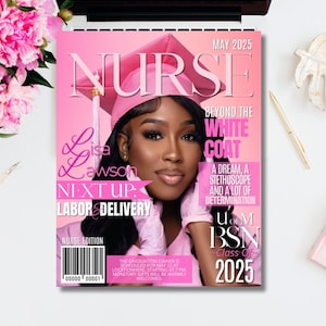 Nurse Personalized Graduation Magazine Cover Class of 2025 Graduation Announcement Digital Download Senior Portrait Template Canva Editable