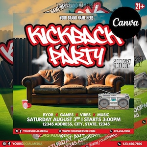 Op de afbeelding: Een promotionele afbeelding voor een Kickback Party, met een bruine leren bank, een boombox en rode bekers op een groen gazon. De tekst bevat evenementdetails: zaterdag 3 augustus, 15:00 uur en een locatie. Het ontwerp bevat een graffiti-achtige lettertype.