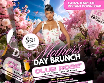 Plantilla de folleto para brunch del Día de la Madre, folleto rosa para eventos de primavera, folleto editable para fiestas en Canva, folleto para brunch en clubes, plantilla de evento de descarga instantánea