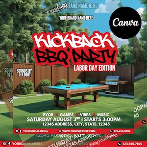 Kickback BBQ Party Flyer: Editable Canva Template (Canva Pro Required)