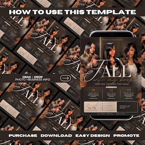 May include: A digital marketing template for hair services featuring three women with long hair. The text reads "FALL into my books," "LUXURY HAIR, CONFIDENCE, EVERY SEASON," and lists services like "LUXURY SEW-IN," "QUEEN WEAVE," and "FRONTAL INSTALL" with pricing.