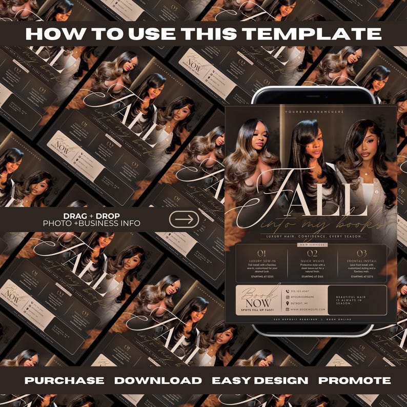 May include: A digital marketing template for hair services featuring three women with long hair. The text reads "FALL into my books," "LUXURY HAIR, CONFIDENCE, EVERY SEASON," and lists services like "LUXURY SEW-IN," "QUEEN WEAVE," and "FRONTAL INSTALL" with pricing.