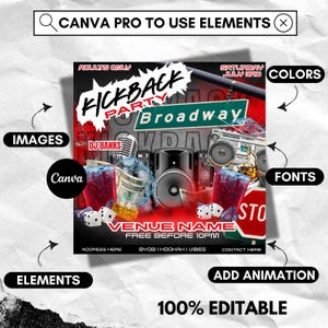 Puede incluir: Un folleto promocional para una "Kickback Party" con tem&aacute;tica de Broadway. El dise&ntilde;o presenta un micr&oacute;fono, altavoces, un radiocasete, dados y c&oacute;cteles. El folleto incluye el texto "Venue Name" y "Free Before 10PM".