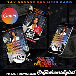 May include: Business card design for tax preparation services. Features a woman in a white blazer, a QR code, and contact information. Includes the text "Cash Advance Up To $9,500" and "File Your Return Today!"