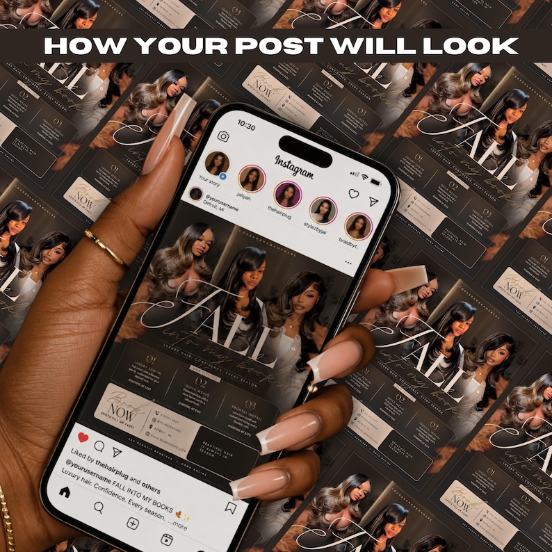 May include: A smartphone displaying an Instagram feed featuring a promotional graphic for hair services. The graphic includes the text FALL INTO MY BOOKS, LUXURY HAIR, CONFIDENCE, EVERY SEASON, and BOOK NOW, set against a dark background with images of people with long hair.