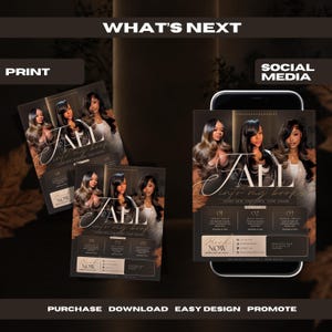May include: A digital marketing flyer template for hair services featuring three images of a person with long dark hair. The text reads "FALL into my books," "LUXURY HAIR, CONFIDENCE, EVERY SEASON," and lists services like "LUXURY SEW IN," "QUICK WEAVE," and "FRONTAL INSTALL."