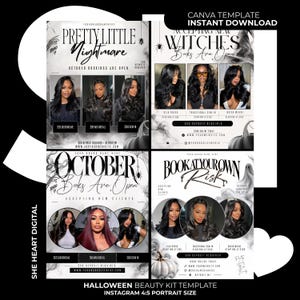 Peut inclure: Un ensemble de modèles Canva numériques pour des services de beauté sur le thème d'Halloween, comprenant quatre designs de flyers distincts. Chaque mise en page inclut des graphiques en noir et blanc de fumée, d'araignées et de citrouilles, avec du texte.