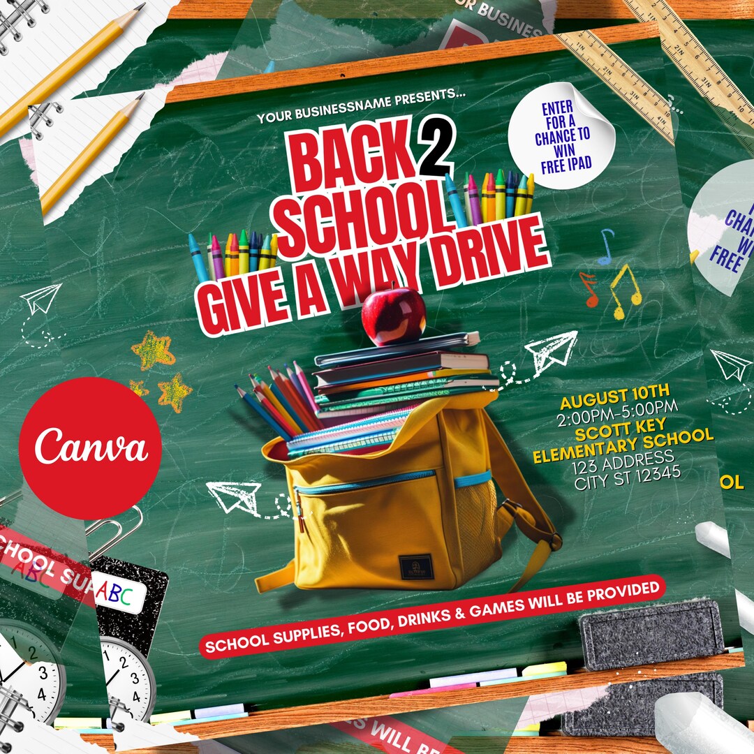 Back to School Give a Way Flyer, Back to School Drive, Back to School