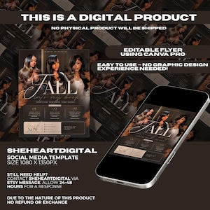 May include: A digital flyer template for hair services displayed on a smartphone screen. The design features three images of a person with long wavy hair, the text FALL into my books, and sections for service details, pricing, and booking information.