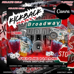 Puede incluir: Un folleto promocional para una "Kickback Party" con un esquema de color rojo, negro y blanco. El dise&ntilde;o incluye un micr&oacute;fono, altavoces, dados y c&oacute;cteles. El texto incluye "Broadway", "DJ Banks" y "Free Before 10PM".