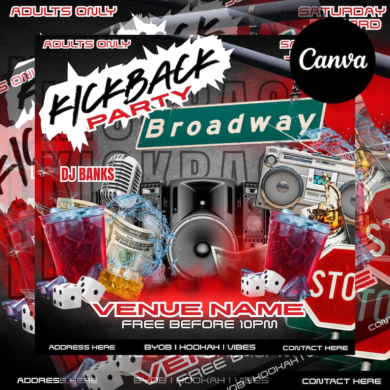 Puede incluir: Un folleto promocional para una "Kickback Party" con un esquema de color rojo, negro y blanco. El dise&ntilde;o incluye un micr&oacute;fono, altavoces, dados y c&oacute;cteles. El texto incluye "Broadway", "DJ Banks" y "Free Before 10PM".