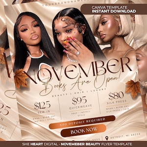 May include: A digital flyer template featuring three women with styled hair, autumn leaves, and text reading NOVEMBER Books Are Open, Beauty Hair Luxury, Sew In $125, Quickweave $95, Silk Press $80, $50 Deposit Required, Book Now, and Detroit, MI 48234.