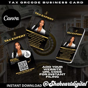 Può includere: Un design di biglietto da visita con la scritta "TAX EXPERT" e la foto di una donna. Il design include un codice QR, un elenco di servizi e la scritta "SCAN TO FILE NOW". Lo sfondo presenta immagini di denaro.