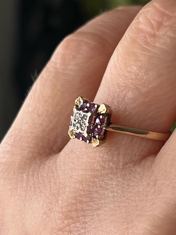 Ruby and Diamond 9ct Gold Cluster Ring, Vintage, … - image 4