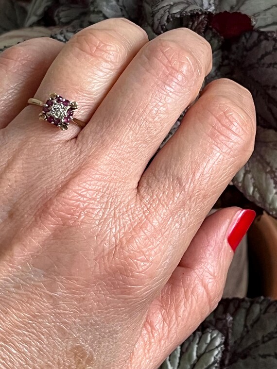 Ruby and Diamond 9ct Gold Cluster Ring, Vintage, … - image 2