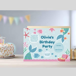 May include: A birthday party invitation with a mermaid theme. The invitation features illustrations of fish, starfish, and a mermaid tail. The text reads "Olivia's Birthday Party" with the date and time. A decorated cake with lit candles is in the background.