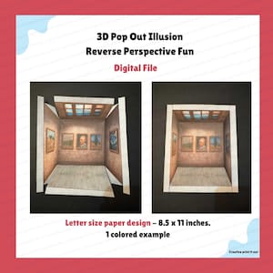 May include: A 3D pop-out illusion featuring a reverse perspective design of a room with framed artwork and a window. The digital file is designed for letter-size paper, measuring 8.5 x 11 inches. The image shows a colored example of the finished product.