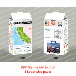 May include: A white box featuring a map of California, state symbols, and the text "CALIFORNIA". The back of the box has illustrations of the Golden Gate Bridge and other state facts. The text "PDF File - ready to print 4 Letter size paper" is also visible.