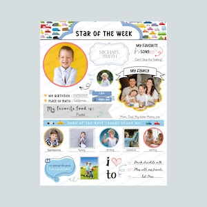 May include: A personalized "Star of the Week" poster featuring a photo of a young child, Michael Smith. The poster includes the child's birthday, favorite food (pasta), and family photo. Additional text includes "I am" and "4 years old."