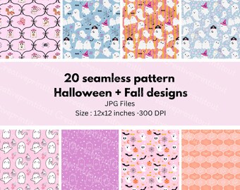 May include: A collection of 20 seamless patterns with Halloween and Fall designs. The patterns feature ghosts, bats, pumpkins, and other seasonal motifs. The image includes text that reads "20 seamless pattern Halloween + Fall designs" and "Size: 12x12 inches -300 DPI".
