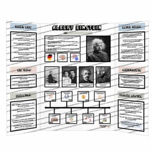 Op de afbeelding: Een witte drievoudige presentatiebord over Albert Einstein. Het bord bevat tekst en afbeeldingen met details over zijn vroege leven, opleiding, grote ideeën, prestaties en beroemde citaten. Een portret van Einstein is te zien.