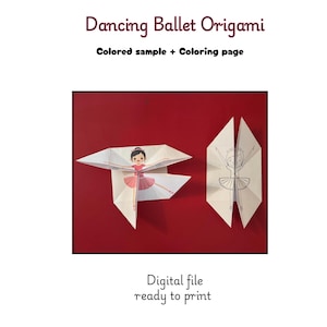 Puede incluir: Dos bailarinas de origami, una coloreada y otra para colorear, sobre un fondo rojo. La bailarina coloreada lleva un tutú rosa y tiene un moño negro. El texto dice "Dancing Ballet Origami" y "Archivo digital listo para imprimir."