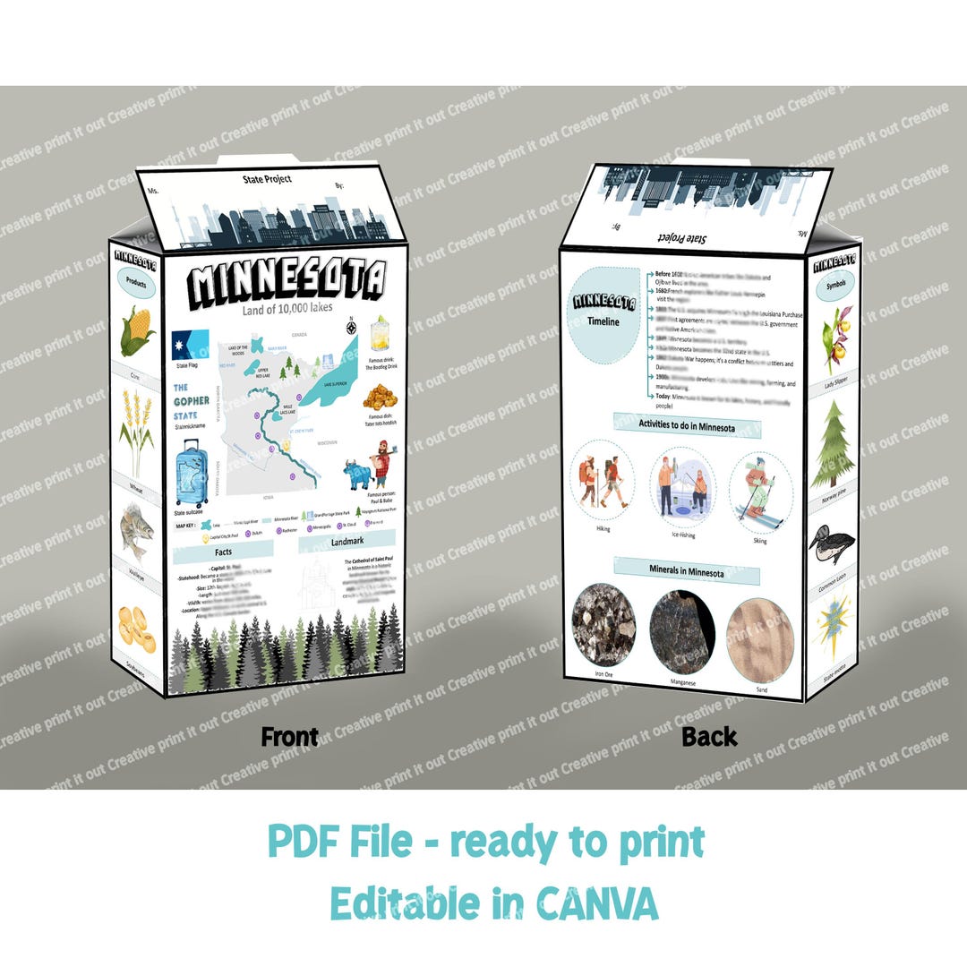 Minnesota Box Minnesota State Box Project , Cereal Box Template Design, Editable in ...