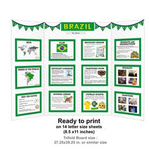 Puede incluir: Un panel plegable con información sobre Brasil, incluyendo la bandera, el mapa, los lugares emblemáticos y las tradiciones. El panel es verde y blanco, con texto e imágenes. Está listo para imprimir en hojas A4, con un tamaño de 69,2 x 99,7 cm.