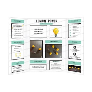May include: A trifold science fair project titled "Lemon Power." The display includes sections on materials, hypothesis, experiments, results, and a conclusion. The project explores whether lemons can generate electricity to light a bulb.