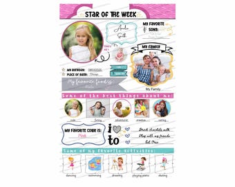 May include: A printable chart for a child's "Star of the Week" featuring a photo of a girl, her name, birthday, favorite color, favorite food, and activities. The chart also includes a section for the child to list their favorite songs and a photo of their family.