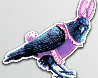 Crow in Bunny Costume Halloween Vinyl Sticker 4" Decal