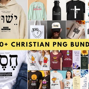 May include: A selection of Christian-themed items, such as hoodies, t-shirts, tote bags, and tumblers. The designs incorporate religious text, graphics, and phrases. The image also shows a black bottle, a baseball cap, and bookmarks.