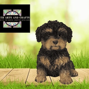 May include: A detailed figurine of a small dog with black and tan fur, sitting on a wooden surface. The dog has a fluffy coat and a sweet expression. The image includes the text "NORTH ARTS AND CRAFTS" in a black box.