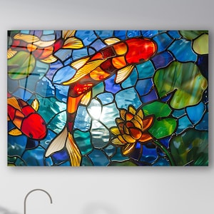 Koi Fish With Water Lilies Stained Glass Wall Art, Japanese Koi Fish Wall Decor, Animal Wall Art, Birthday Gift, Kitchen Wall Decor