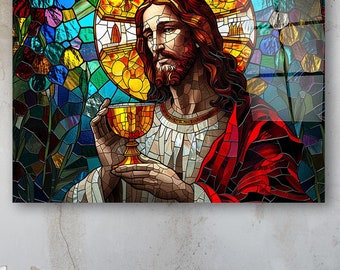 Decorazione murale in vetro raffigurante Gesù, decorazione murale in vetro colorato cristiano, regalo di arte murale religiosa, regalo di compleanno, decorazione per il soggiorno, arazzo da parete