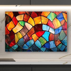 Stained Glass Wall Art, Colorful Abstract Wall Decor, Tempered Glass Hanging, Cracked Glass Effect, Modern Home Decor, Uv Printed Glass Art