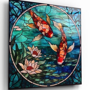 Koi Fish Stained Glass Wall Art, Tempered Glass Wall Art, Japanese Wall Decor, Kitchen Wall Art, Japanese Wall Decor, Housewarming Gifts
