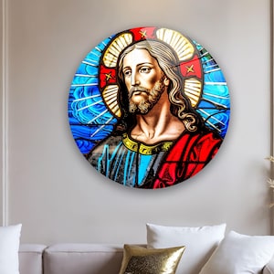 Jesus Stained Glass Wall Art, Round Religious Wall Decor, Tempered Glass Christian Art, Large Wall Hanging, Modern Jesus Home Decor