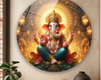 Arte de pared redondo de vidrio de Ganesha, decoración de pared de Lord Ganesha, decoración de pared india, arte de pared de vidrio templado, arte de pared de sala de estar, regalo para ella