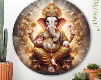 Arte de pared redondo de vidrio de Ganesha, decoración de vidrio templado de dios hindú, decoración de pared de Lord Ganesha, arte de pared para sala de estar, arte de pared indio, regalo para ella