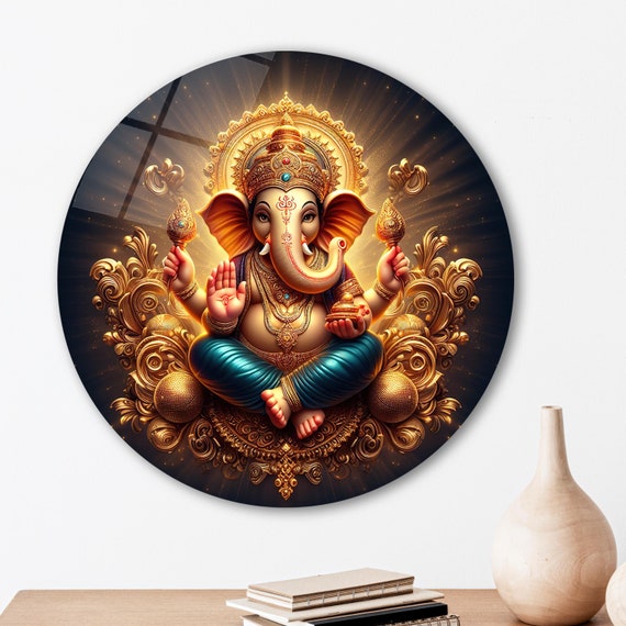 Lord Ganesha Glass Wall Art, Round Tempered Glass Wall Decor, Hindu Wall Art, Livingroom Wall Art, New Home Gift, Decor for Yoga Studios