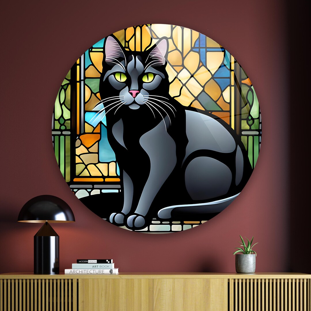 Stained Glass Black Cat Wall Art, Tempered Glass Print, Extra Large ...