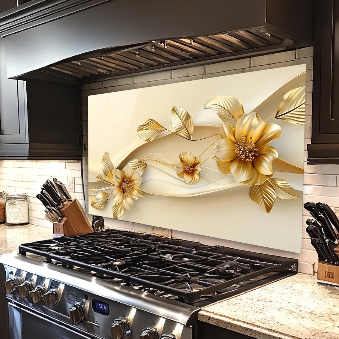 Gold Cream Flowers Glass Kitchen Murals, Backsplash Wall Art Glass ...