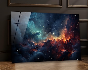 Galactic Nebula Tempered Glass Art, Vibrant Space Decor for Home & Teacher Gifts, Space Galaxy Decor, Vibrant Colors Wall Art
