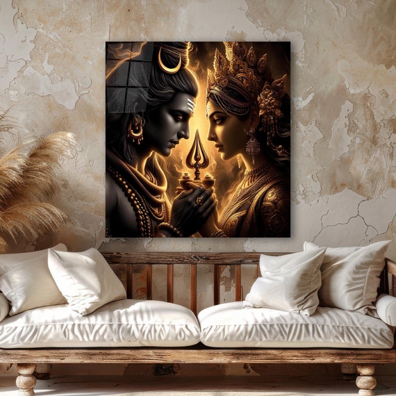 Divine Lord Shiva Parvati Glass Wall Art, Religious Home Decor, Spiritual Wall Art, Indian Wall Decor, Housewarming Gift, Glass Wall Hanging