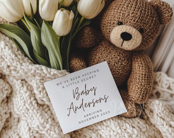 Simple Neutral Pregnancy Announcement Boho Teddy Bear Baby Announcement Digital Editable Template Social Media Pregnancy Boho Baby Reveal