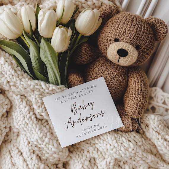 Simple Neutral Pregnancy Announcement Boho Teddy Bear Baby Announcement Digital Editable Template Social Media Pregnancy Boho Baby Reveal